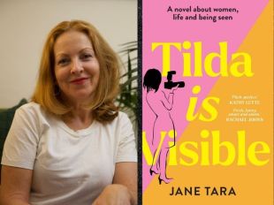 Tilda is Visible. On the left is an author image from the torso up of a Caucasian women with shoulder length centre parted strawberry blonde hair and red lipstick. She is wearing a white T shirt and smiling at the camera. On the right is a book cover with the title of the book in large yellow letters on pink and yellow background, slashed diagonally and a line drawing of a woman holding a camera.