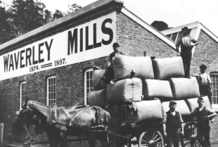 Waverley 150+. A black and white photograph of a brick factory with 'Waverley Mills' printed on a wall.