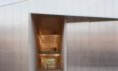 Powerhouse Castle Hill. Image: Rory Gardiner. The front entrance to Powerhouse Castle Hill, featuring a minimalistic silver-panelled architecture and large glass doors that also reveals the second floor.