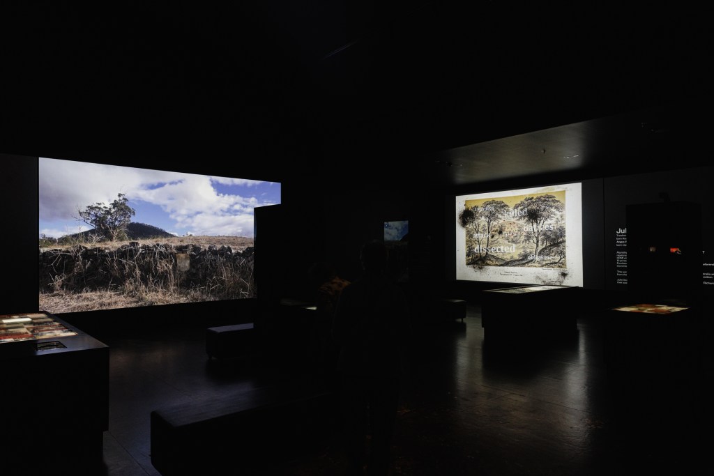 Two video works screening in darkened gallery.
