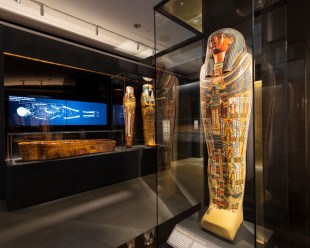 Image is a sarcophagus in a display of Egyptian artefacts.