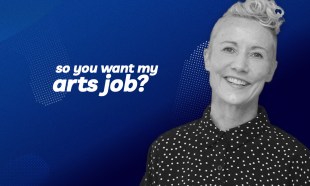 AGNSW Time-based Art Conservator, Lisa Mansfield. Photo: Supplied. A middle-aged figure with a curly pixie cut, bright smile, wearing a black shirt and white dots, rendered in black and white against a dark blue solid colour background. The text ‘so you want my arts job?’ is in bold white font to their left.