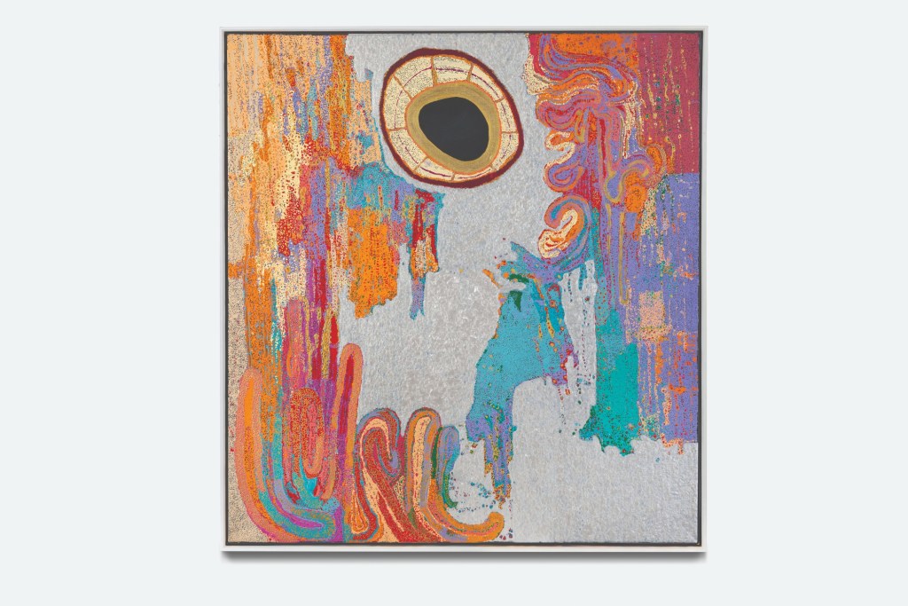 Daniel Walbidi, 'Winpa', 2022, synthetic polymer paint on linen. Image: Supplied. A square painting taken on a white background depicting colourful curves, dots and lines. On the top centre is a rough circle with a black centre that seems to be emanating rays.