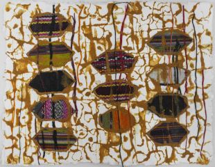 a artwork on paper that shows 13 multicolored textile shapes in the form of women's lips with stitching over them and drizzles of red earth over the whole composition.