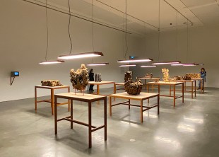 sculpture installation in gallery with tables and lights and termite mounds. Nicholas Mangan.