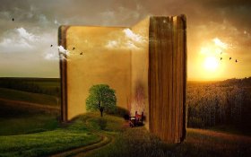 Image is an illustration of a huge book towering over a little grassy hill on which there is a red chair and a small chair. There is a golden glow over everything and a setting sun over a forest in the background with some birds in the distant sky.
