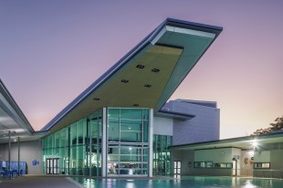 Exterior view of gallery at dusk. Pinnacles