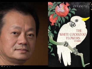 The White Cockatoo Flowers Stories. Image on left is a headshot of a man of Chinese appearance, with head turned towards the camera. On the right is a book cover, which is black with an illustration of a white sulphur crested cockatoo sitting on a branch of a pomegranate tree with a couple of the fruits above it.
