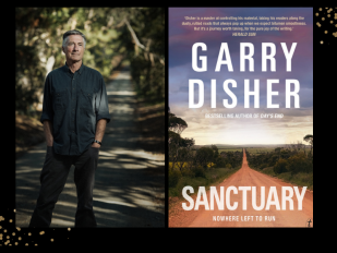 Sanctuary. On the left is a full body author shot of a white man in black standing on a forest path with his hands in his pockets. On the right is the book cover of a dusty outback road heading into off towards the horizon.