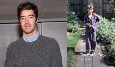 Excitable Boy. Image on left is a head and shoulders shot of a white man in his 30s wearing a blue shirt under a grey jumper. On the right is a book cover with a photo of a young ragamuffin boy standing on a garden path between bushes and with a cigarette in his hand.