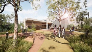 WAMA. Wildlife Art Museum of Australia. Render of new gallery, shown at the end of a tree lined yellow path. Three females are walking down the path.