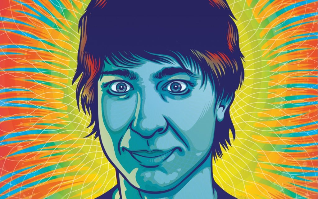 Arj Barker. Image is an illustration of a male with a blue face and red tinged hair. There is a multicoloured glow emanating from his head.