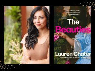 The Beauties. Image on left is a white woman with long wavy dark hair, wearing a brownish top in front of foliage. On the right is a book cover featuring a 17th century woman in a puffy blue dress holding a flower.