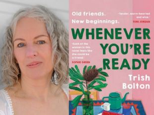Whenever You're Ready. Image on left is a headshot of Trish Bolton, a middle aged woman with grey wavy shoulder length hair. On right is a pink book cover with an illustration of a table laid for tea with a teapot, watermelon and a banksia in a in jar. The title is in green and the author's name in white.