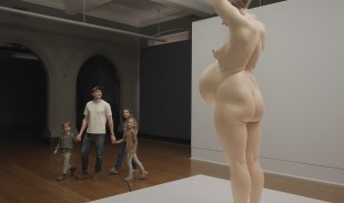 Man with children looking a sculpture of pregnant woman in gallery. Ron Mueck