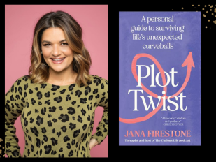 Plot Twist. Jana Firestone. Image is on the left a young woman with shoulder length fair wavy hair parted in the middle and a leopard print top. She has one hand on her hip. On the right is a purple book cover with a looped pink arrow crossing the front over the title.