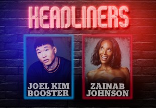 Image is a wall with a neon sign saying HEADLINERS above a picture of an Asian man and a smiling Black woman looking up.