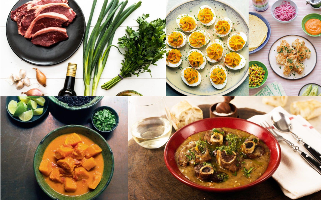 Various shots of food arranged by celebrity chefs - including osso bucco, fish tacos, devilled eggs and sweet potato curry. The Art of the Table.