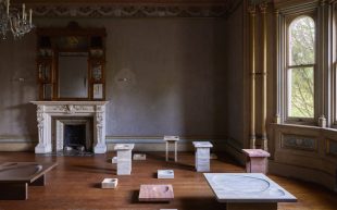 Installation view, 'MATTERS' at Villa Alba Museum as part of 2024 Melbourne Design Week. Photo: Sean Fennessy. Carved timber sculptures resembling table surfaces inside a heritage architecture setting.