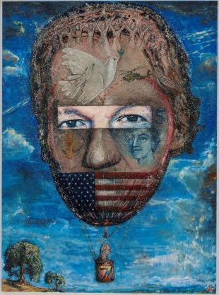 Painting of Julian Assange looking through a slit, like Ned Kelly, and swathed in blue. His head is the balloon of a hot-air balloon with a basket beneath and the US flag across the bottom.