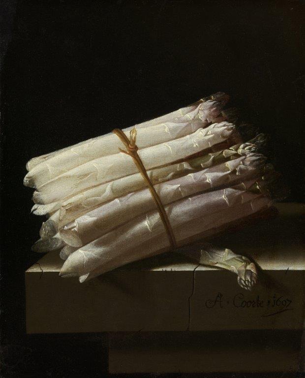 A painting of a bunch of asparagus tied together with a brown string. The art of the table.