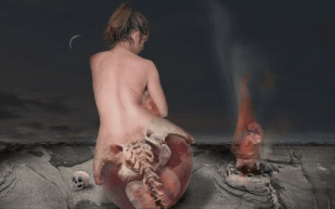 SOL Gallery. Image by artist Demetrious Vakras of night sky and a naked woman facing away from us, her lower half dissolving into an x-ray type biomechanical image. To her right is a small fire and to her left is a skull.