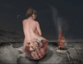 SOL Gallery. Image by artist Demetrious Vakras of night sky and a naked woman facing away from us, her lower half dissolving into an x-ray type biomechanical image. To her right is a small fire and to her left is a skull.