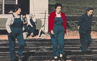Mandy Martin, ‘Adelaide Railway Station 2 (detail)’, 1973, screenprint, ink on paper, Ann Newmarch Collection. Image: © the Estate of the artist. A vintage coloured photograph showing three woman in farmer wear walking in a field. Two others are leisurely seated at the back.