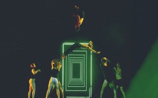 Gravity & Other Myths to present WA-exclusive, ‘The Mirror’ as part of RE//PERTH 2024. Photo: Andy Phillipson. Acrobats doing stunts on stage with green light acting like a gateway on stage behind them.