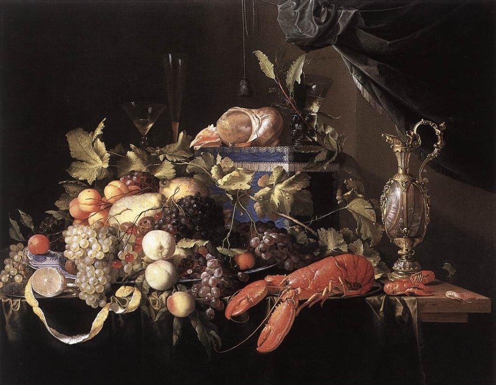 A still life painting of a cornucopia of food piled high and including bunches of grapes and a lobster in the foreground. The art of the table.
