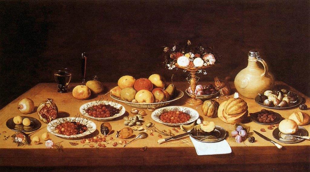 Image is a painting of a table covered in dishes and food, mostly comprising fruits and nuts. Art of the table.