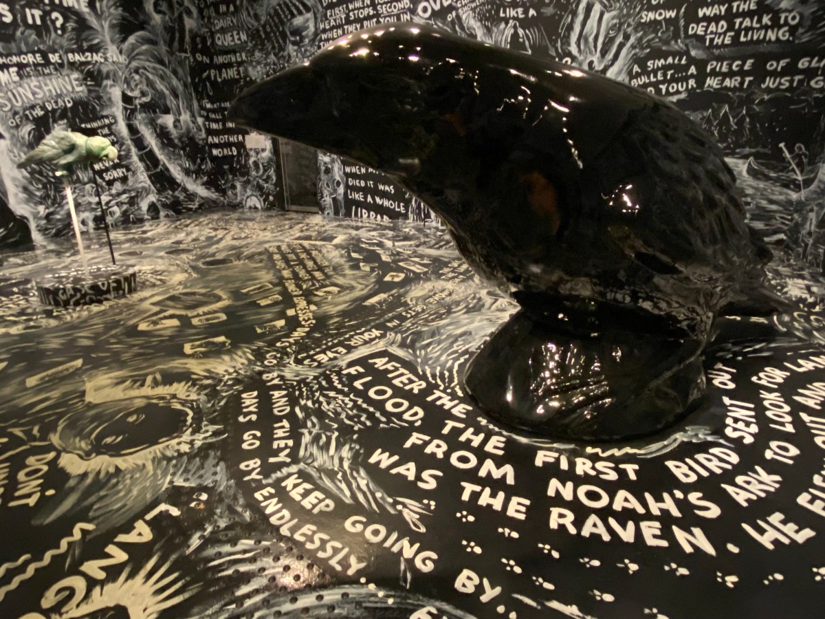 Postcard from Washington. A huge black shiny crow dominates a gallery space that is filled with white writing and swirly patterns across the floor and walls.