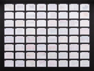 Image is a conceptual artwork that is a frame of 64 rectangular shapes laid out in eight rows with a black bold framework around and between them. Characters.
