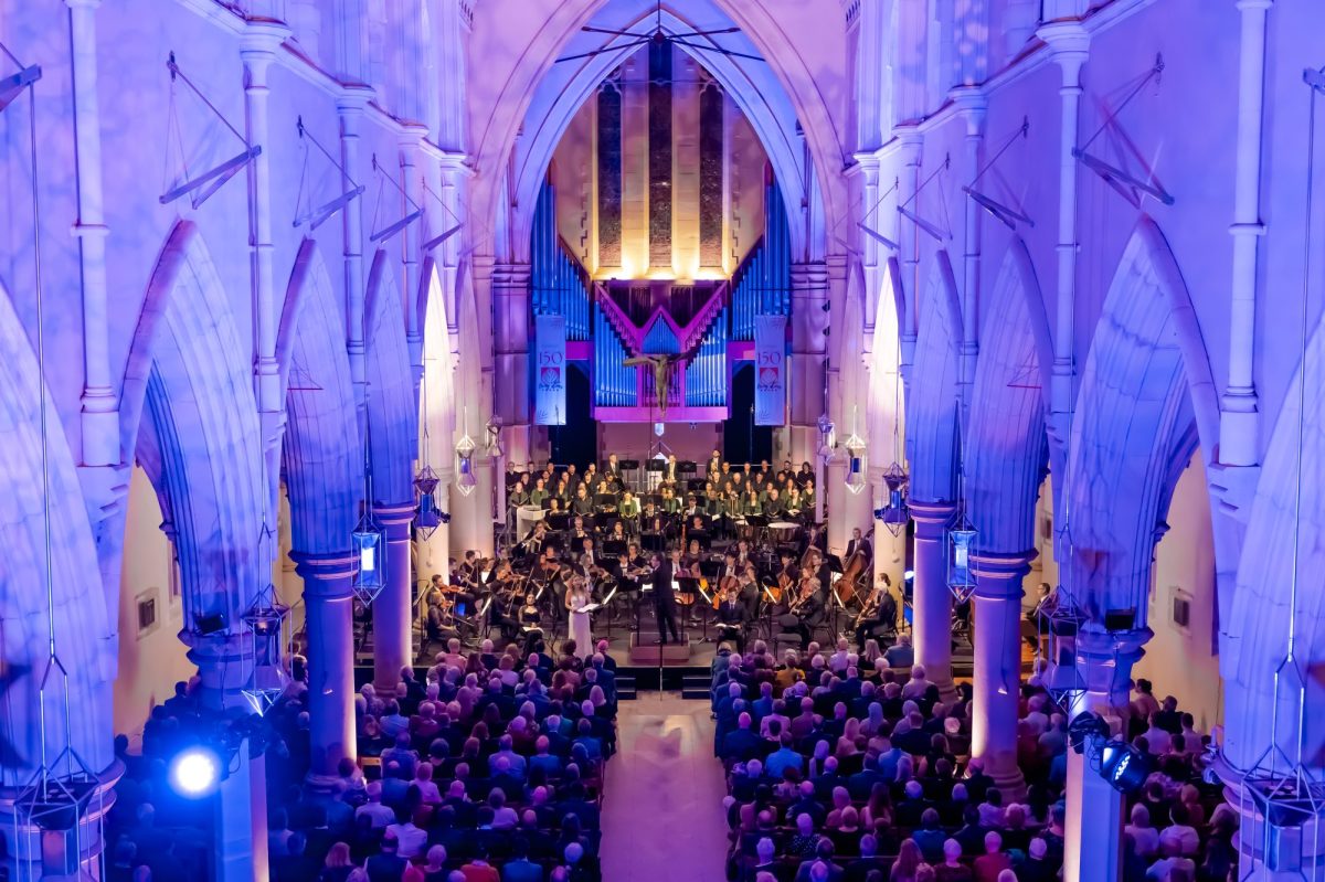 QSO. Cathedral of St Stephen. Image is a blue washed interior of a large cathedral.