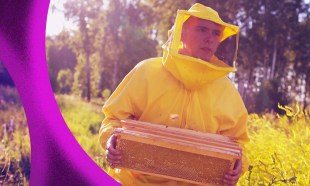 The Artist's Way self-protection. image is a man in a yellow bee keeper's costume carrying an insert from a hive.