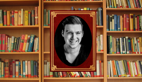 Image: The Butterfly Club. The Librar(IAN) poster with a digitally edited image showing a portrait of a person smiling set against a bookcase.