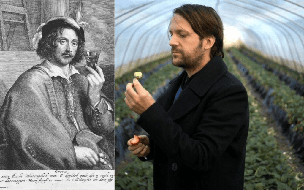 On the left a black and white image of a 1600s painting of an artist wearing a beret and holding up a small glass. On the right a man in a black jacket with a black beard standing in a long greenhouse holding up an unripe strawberry that has been bitten. The Art of the Table.