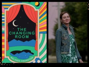The Changing Room. On the left a blocky colourful illustration of a window with open red drapes looking out on a starry moonlit sky above a blue mountain range. On the right a 30-something white woman slightly turned to the right, with tied back light brown hair, a green flowery dress and a denim jacket.