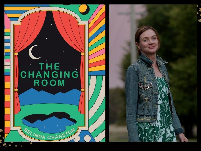 The Changing Room. On the left a blocky colourful illustration of a window with open red drapes looking out on a starry moonlit sky above a blue mountain range. On the right a 30-something white woman slightly turned to the right, with tied back light brown hair, a green flowery dress and a denim jacket.
