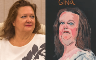 Image is an older white woman with shoulder length hair and grey at the temples. She wears a pearl necklace and a V white scoop neck top with a grey leaf pattern on it and is looking off to the right. The portrait, among two other works of Gina Rinehart, are reproduced in Vincent Namatjira's monograph. Image: Supplied, courtesy Thames & Hudson.