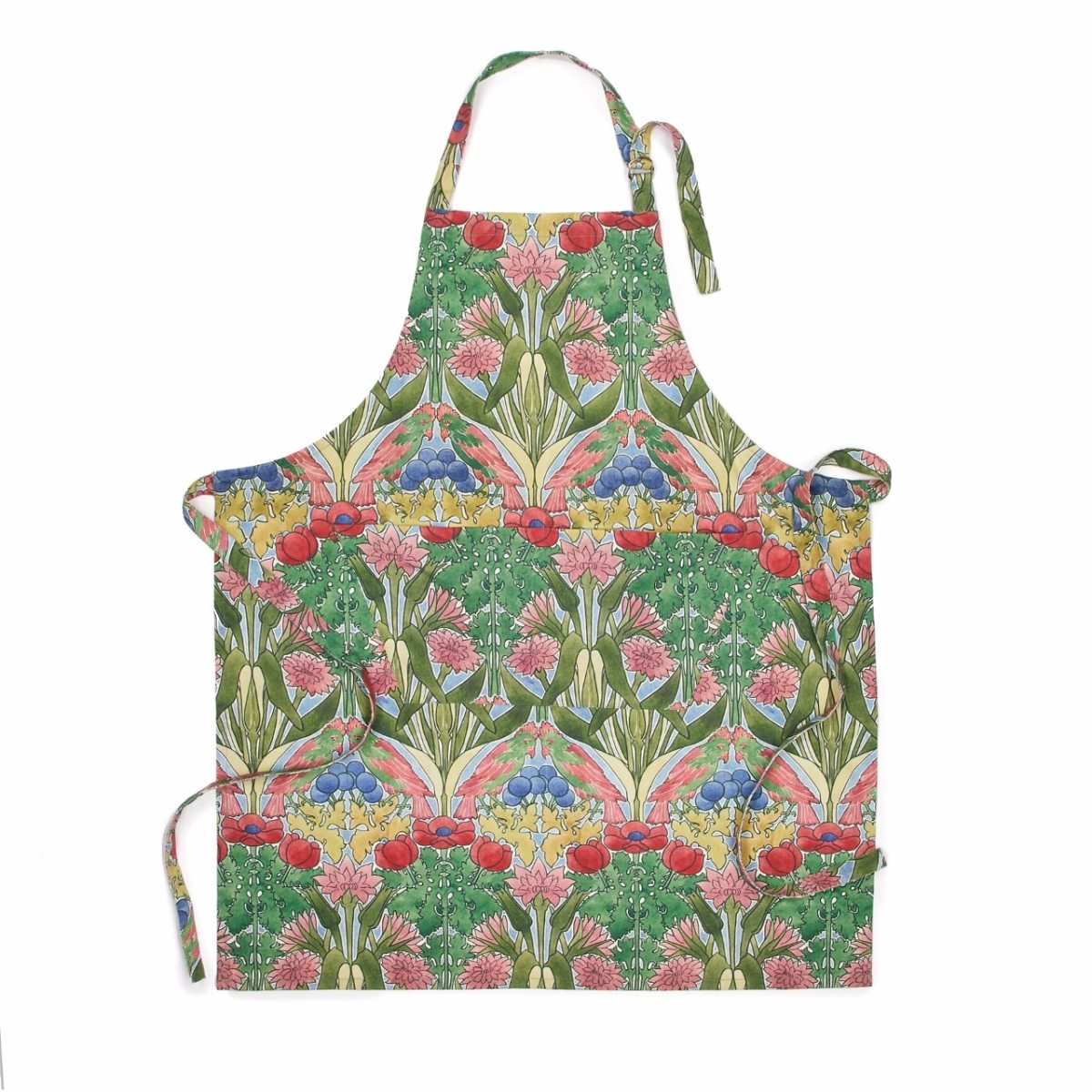 gallery gift shop. An ornately decorated apron featuring flowers, fruits and parrots, in greens, reds and blues.