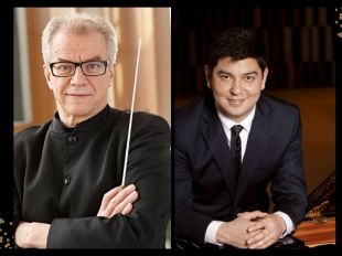 Heroic. Adelaide Symphony Orchestra. On the left is a shot chest up of a middle aged white man with grey hair wearing dark rimmed glasses, folding his arms and holding a conductor's baton. On the right is a younger dark haired man wearing a dark suit and tie over a white shirt, smiling at the camera and holding his hands in front of him.