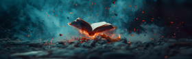 Image is of an open book on fire, surrounded by blue green smoke.