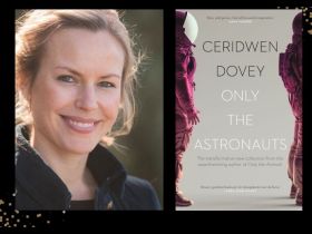 Only the Astronauts. Image on left is a head and shoulders shot of a white 30-something woman with hair pulled back, a big smile and a black jacket with raised collar. On the right is the book cover, largely grey with two pink clad astronauts on the far left and right the one on the left looking in towards the other's back, and the one on the right looking off to the right.