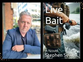 Live Bait. On the left is an author shot of a grey-haired with grey/white stubble, white man in his 40s/50s sitting at a table outside in the city, with his arms crossed in front of him and wearing a blue suit jacket over a darker blue T shirt. On the right is a book cover of an angler standing in a rushing river with fishing rod out. We can only see from the chest down to the knee and he is wearing a utility belt with a pistol in it.