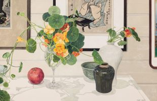 Cressida Campbell. Image is a still life painting of vases on a table with spindly flowers in them, a bowl and an apple. On the wall behind are parts of three Japanese prints.