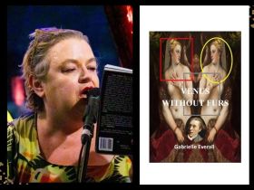 Venus Without Furs. On the left a shot of the author, who is a middle aged white woman with short brushed back grey hair. She has glasses on her head, a green and black dress and is standing in front of a microphone reading from a book. On the right is a book cover showing an artistic nude looking to the right and her mirror double looking to the left.