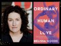 Ordinary Human Love. On the left is a colour headshot of a white woman in her 30s/40s, with wavy dark shoulder length hair, parted in the middle and a V neck black top. The book cover on the right has a pinky/orange background and two lilac coloured statues with arms outstretched, one below the other reaching up as if they are about to kiss.