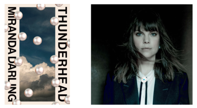 Thunderhead. On the left is a book cover of clouds in a dark blue sky, with large pearls dotted across the cover, and the title running down the sides. On the right is a black and white headshot of a young white woman with long straight hair and a fringe.