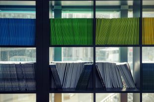 Technical writer. Bookshelves full of colour coded files or bound reports. Along the top shelf are blue, green, lime and yellow ones. On the bottom grey and white.